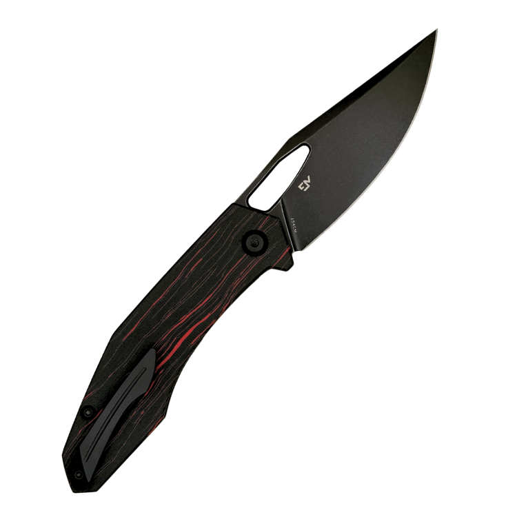 Pocket Knife for Everyday Carry - Orbital Knives Callisto Exclusive - Red/Black Gmascus - Coated Blade and Hardware - 154CM - Lock Side - Open