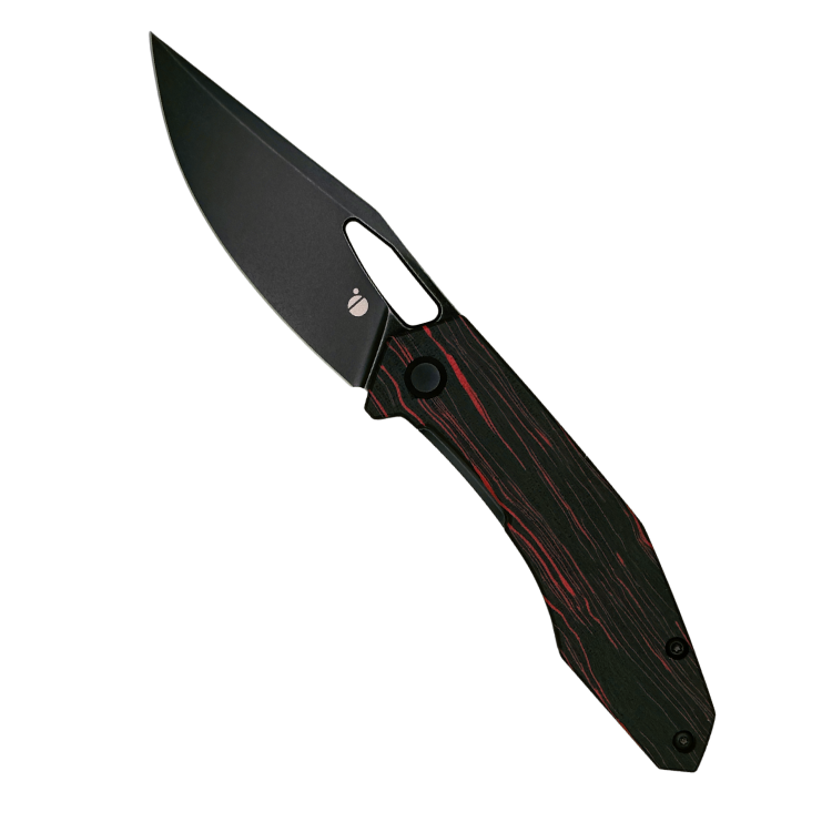 High Quality Pocket Knife - Orbital Knives Callisto Exclusive - Red/Black Gmascus - 154CM Steel - Coated Blade and Hardware - Liner Lock - Open - Showside