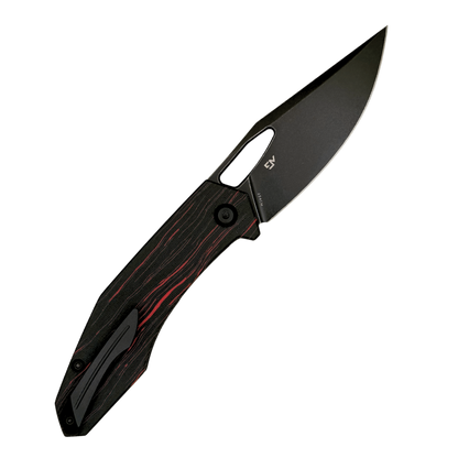 Pocket Knife for Everyday Carry - Orbital Knives Callisto Exclusive - Red/Black Gmascus - Coated Blade and Hardware - 154CM - Lock Side - Open